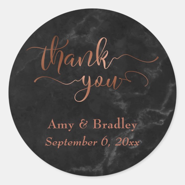 Copper Thank You Script Over Black Marble Classic Round Sticker (Front)