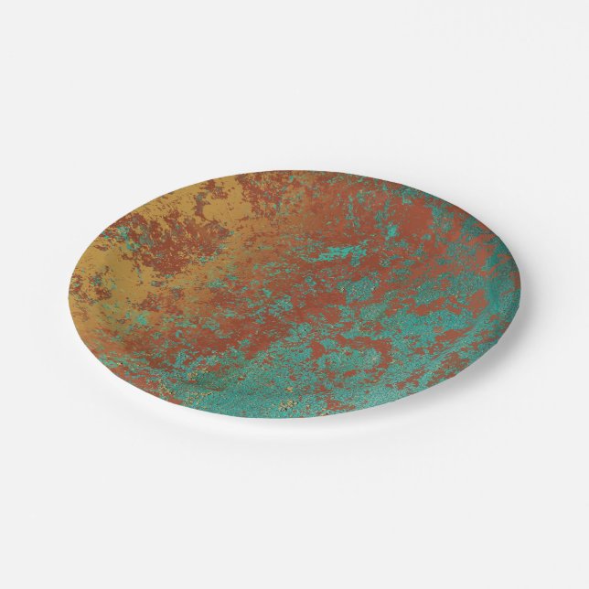 Copper Turquoise Blue Orange Brown Texture Paper Plates (Angled)