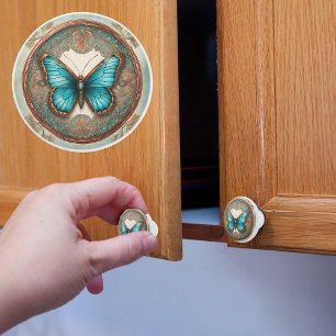 Copper Turquoise Framed Moth Ceramic Knob