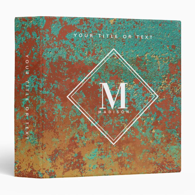 Copper Turquoise Metallic Texture Monogram 3 Ring Binder (Front/Spine)