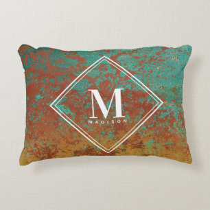 Copper Turquoise Metallic Texture Monogram Initial Accent Pillow