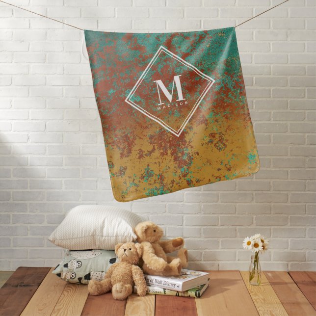 Copper Turquoise Metallic Texture Monogram Initial Baby Blanket (In Situ)