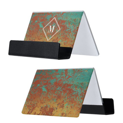 Copper Turquoise Metallic Texture Monogram Initial Desk Business Card Holder