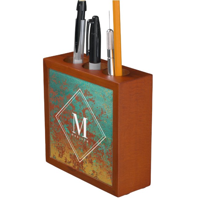 Copper Turquoise Metallic Texture Monogram Initial Desk Organizer (In Situ)