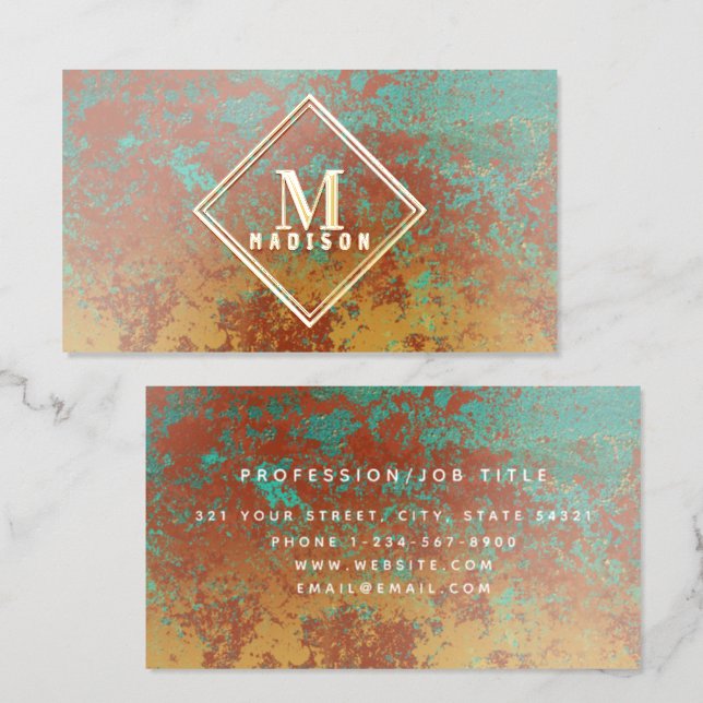 Copper Turquoise Metallic Texture Monogram Initial Foil Business Cards (Front & Back)