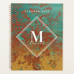 Copper Turquoise Metallic Texture Monogram Initial Planner