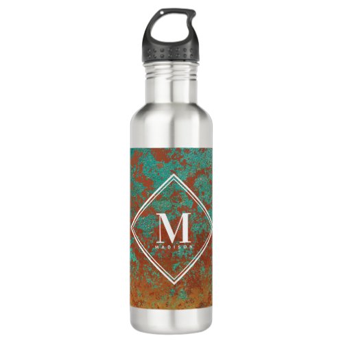 Copper Turquoise Metallic Texture Monogram Initial Stainless Steel Water Bottle