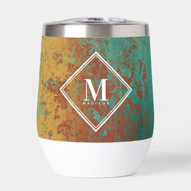 Copper Turquoise Metallic Texture Monogram Initial Thermal Wine Tumbler (Front)