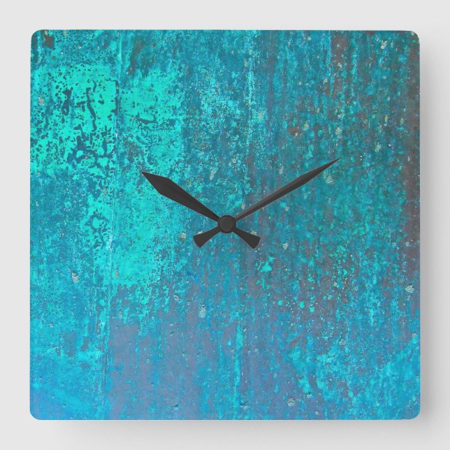 copper verdigris teal abstract modern art design square wall clock (Front)