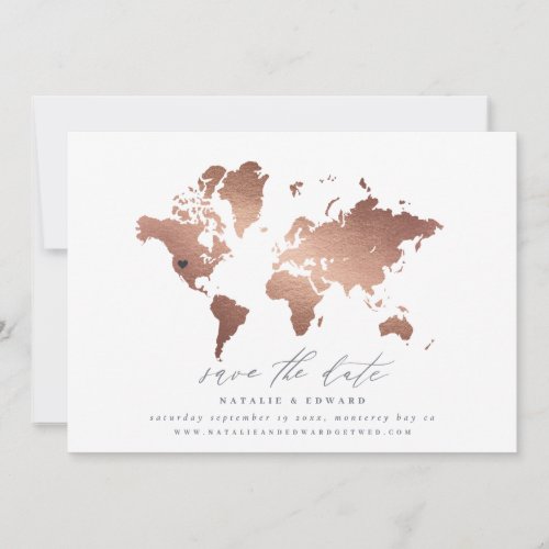 Copper watercolor world map wedding announcement