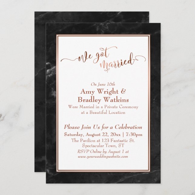 Copper We Got Married Black Marble Celebration Invitation (Front/Back)