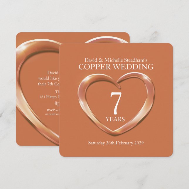 Copper wedding heart 7 years party invite (Front/Back)