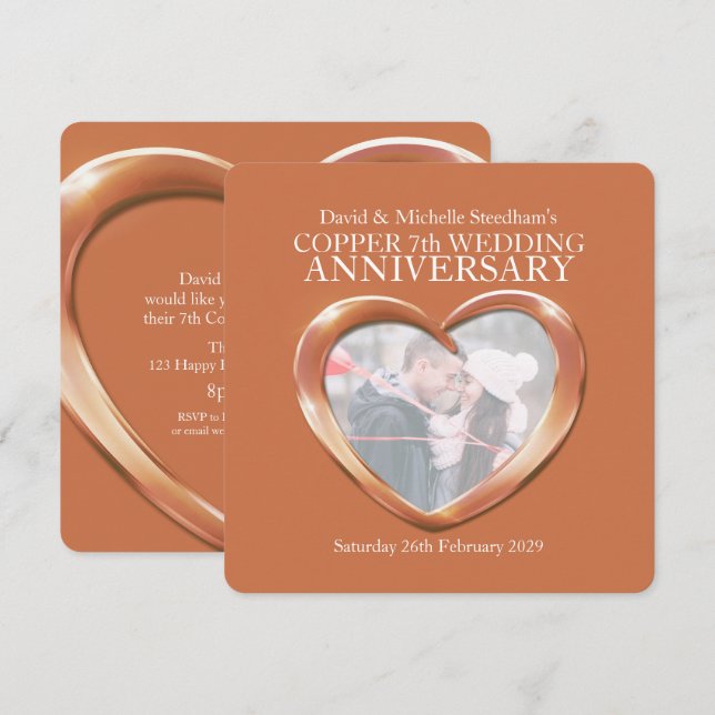 Copper wedding heart 7 years party invite (Front/Back)