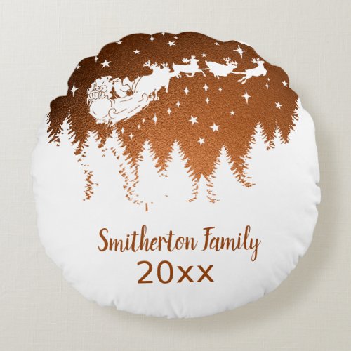 Copper White Santa Sleigh Reindeer Family Name Round Pillow