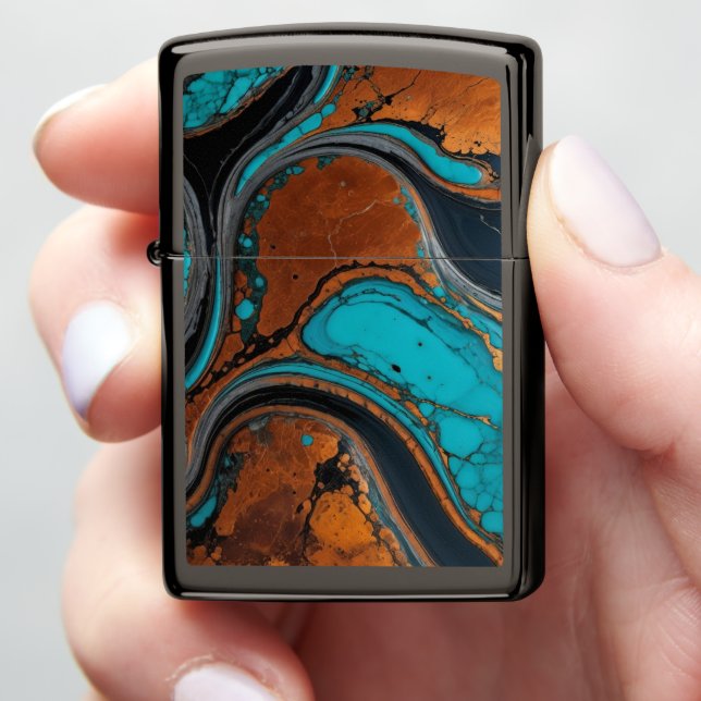 Copper with Turquoise abstract Zippo Lighter (In Hand)