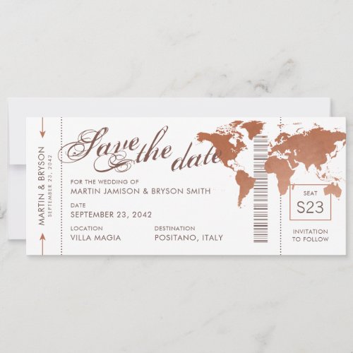 Copper World Map Boarding Pass Save Date Card