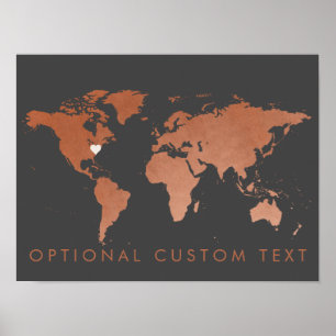 Copper World Map Decor with Editable Heart