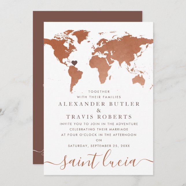 Copper World Map Destination Wedding Invitation (Front/Back)