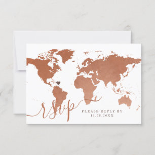 Copper World Map Travel Theme Destination Wedding RSVP Card