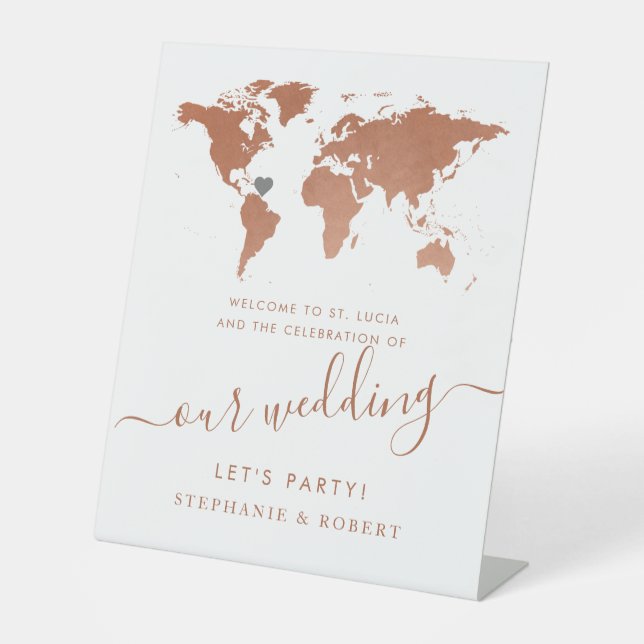 Copper World Map Travel Theme Wedding Welcome Pedestal Sign (Front)