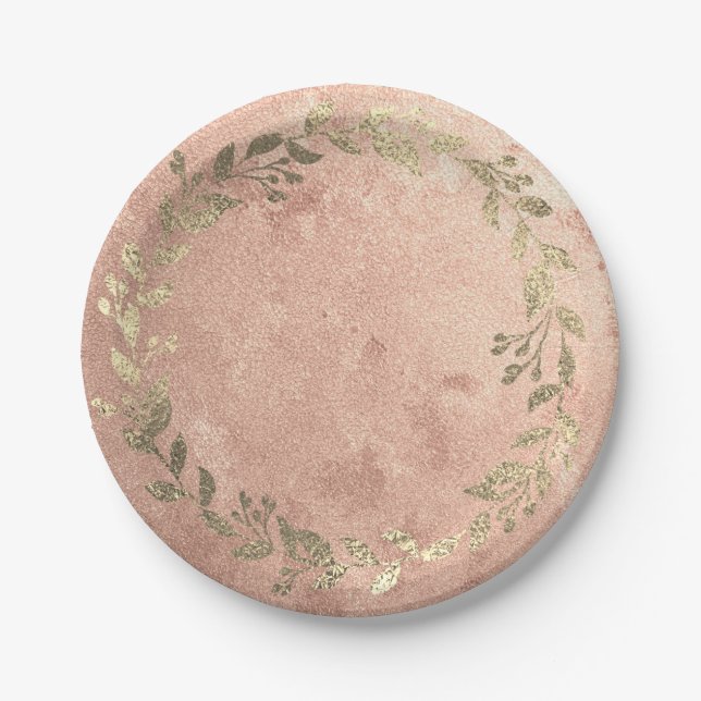 Copper Wreath Pink Rose Gold Laurel Bridal Wedding Paper Plates (Front)