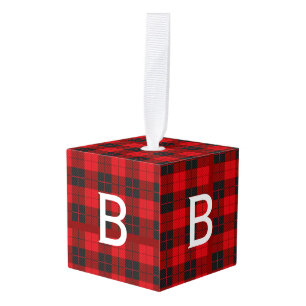 Copperplate Monogram Buffalo Plaid Flannel Cube Ornament