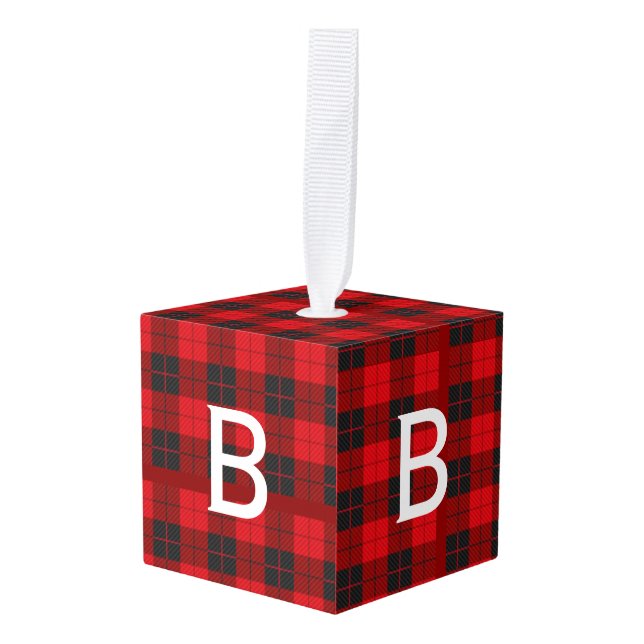 Copperplate Monogram Buffalo Plaid Flannel Cube Ornament (Front Angled)