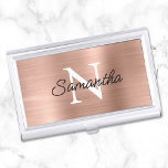 Coppery Rose Gold Faux Metallic Foil Monogram Business Card Case<br><div class="desc">Create your own black and white monogrammed modern minimalist business card case.
Modern monoline style script for her name over a more classic style monogram font.
The background features a faux blush and light rose gold brushed metal style ombre foil that prints like a photo.</div>