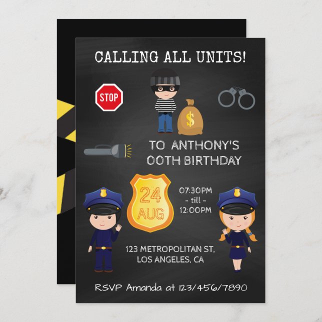 Cops and Robbers Birthday Chalkboard Invitation (Front/Back)