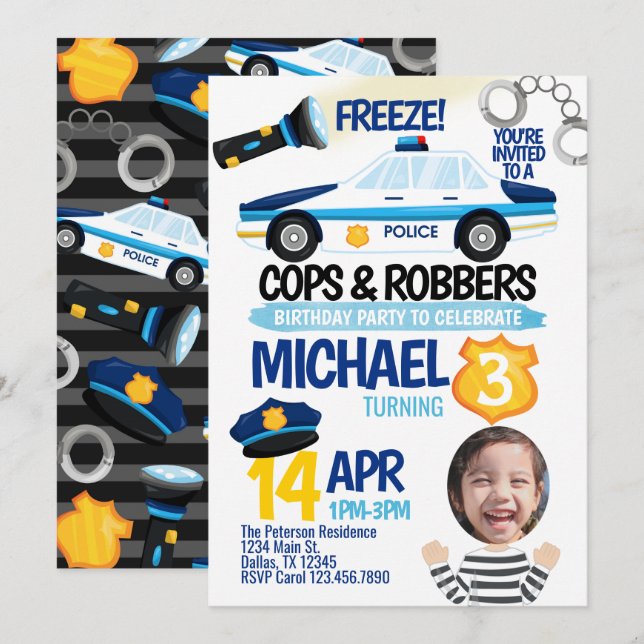 Cops and Robbers Birthday Party Invitation Invite (Front/Back)