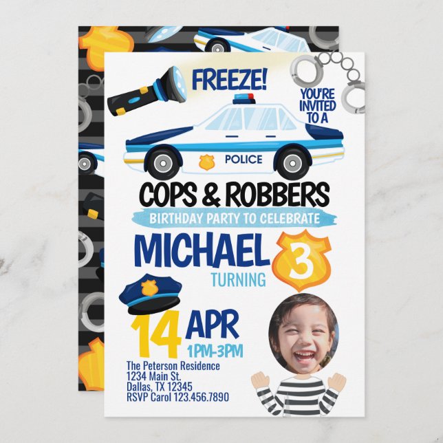 Cops and Robbers Birthday Party Invitation Invite (Front/Back)