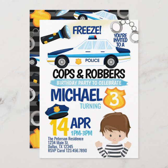 Cops and Robbers Birthday Party Invitation Invite (Front/Back)