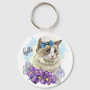 Copy of Hand drawing funny Cute cat with flowers Keychain