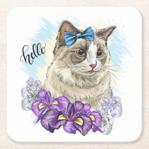Copy of Hand drawing funny Cute cat with flowers Square Paper Coaster