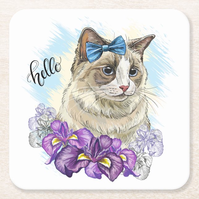 Copy of Hand drawing funny Cute cat with flowers Square Paper Coaster (Front)