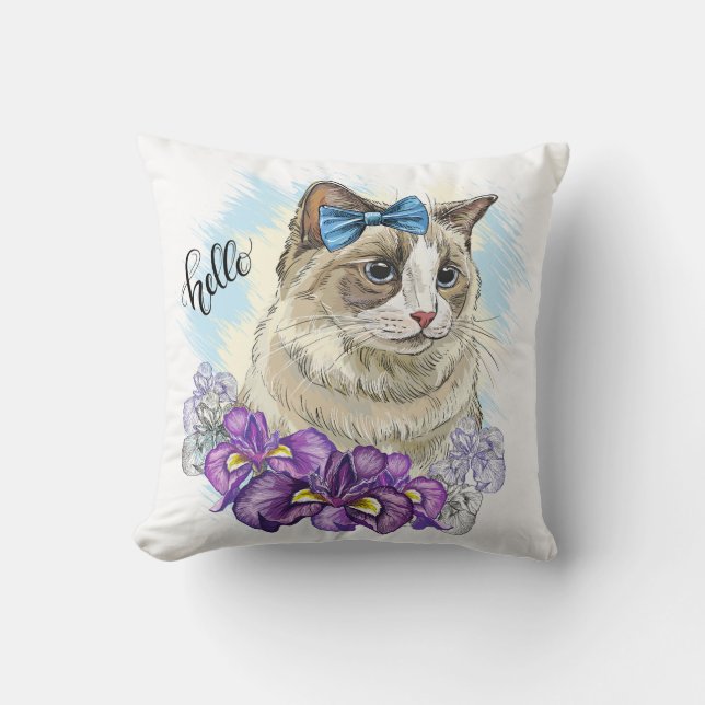 Copy of Hand drawing funny Cute cat with flowers Throw Pillow (Front)