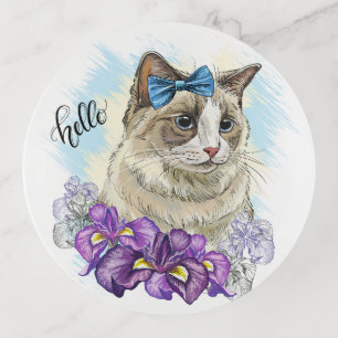 Copy of Hand drawing funny Cute cat with flowers Trinket Tray