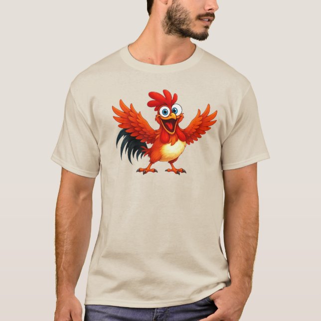 Coq cartoon with bright red feathers. T-Shirt (Front)