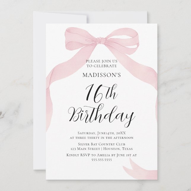 Coquete pink bow Birthday invitation (Front)