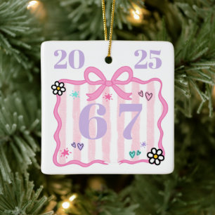 Coquette 6–7 Pink Stripe Bow Custom Year Ceramic Ornament
