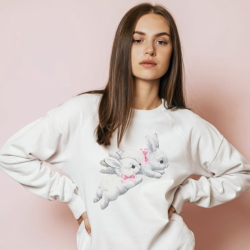 Coquette Adorable White rabbits with Pink bow Hoodie