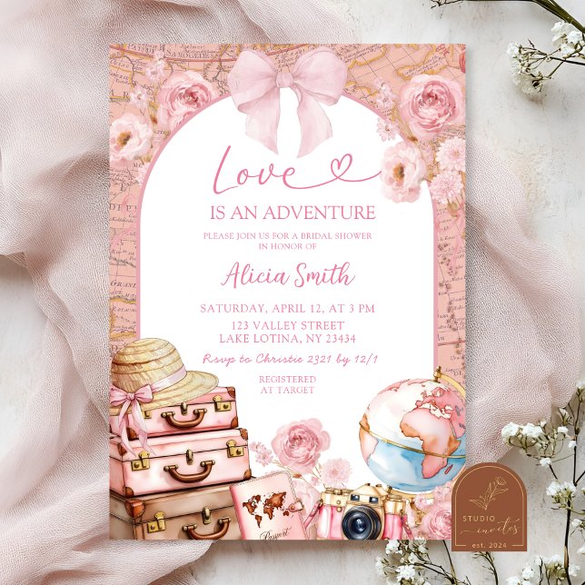 Coquette Adventure Travel Themed Bridal Shower Inv Invitation (Creator Uploaded)