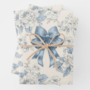 Coquette Aesthetic Blue and White Vintage Floral Wrapping Paper Sheets