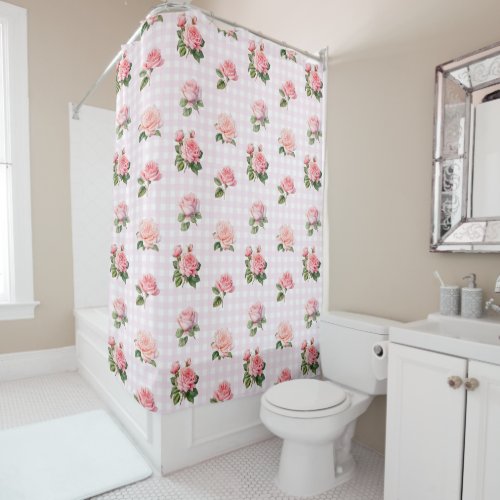 Coquette Aesthetic Light Pink Gingham And Roses Shower Curtain