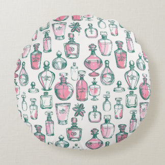 Coquette Aesthetic Pink and Green Perfume Bottles Round Pillow