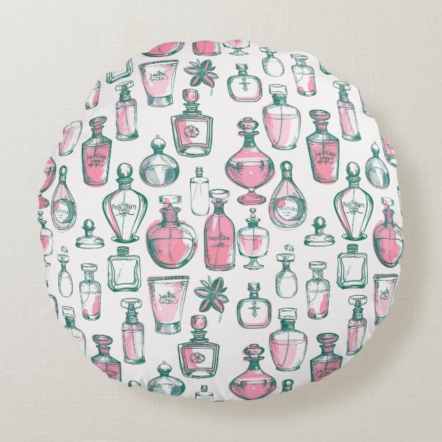 Coquette Aesthetic Pink and Green Perfume Bottles Round Pillow (Front)