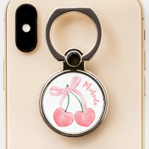 Coquette Aesthetic Pink Bow & Cherries Girly Cute Phone Ring Stand