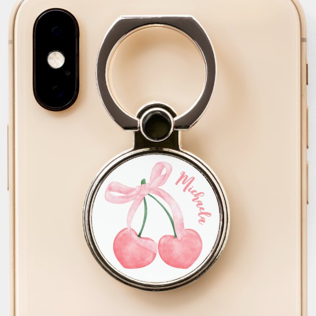 Coquette Aesthetic Pink Bow & Cherries Girly Cute Phone Ring Stand (Close Up)