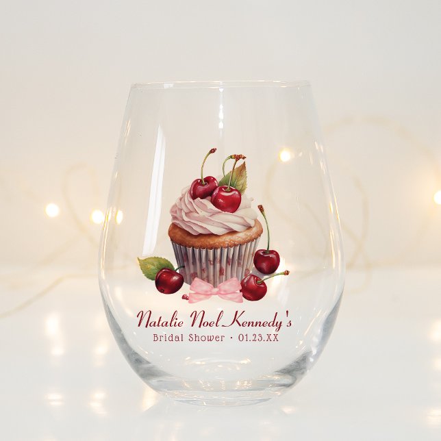 Coquette Aesthetic Pink Bow Cherry Personalized Stemless Wine Glass (Creator Uploaded)
