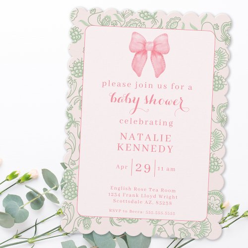 Coquette Aesthetic Pink Bow Sage Green Baby Girl Invitation
